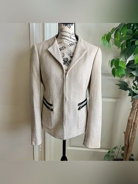 Ann Taylor Tweed Textured Zip Pocket Blazer Beige Sz 8
